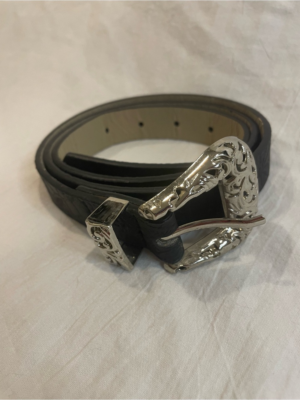 Vince Camuto Black Floral Embossed Belt Silver Western Buckle Size M